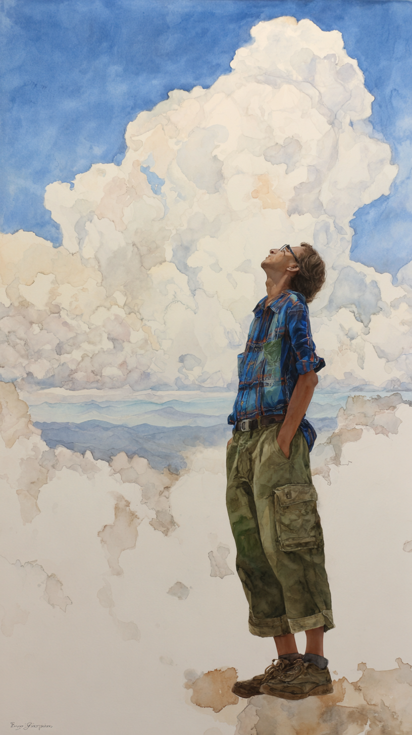 Person looking up at clouds, contemplating
